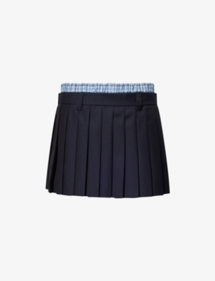 MIU MIU: Pleated Check-Waistband Wool Mini Skirt