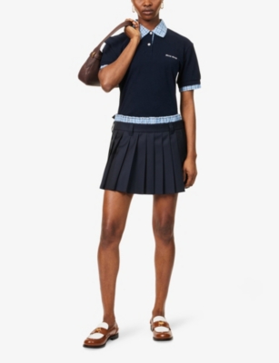 MIU MIU: Check-Trim Logo-Embroidered Cotton-Piqué Polo Shirt