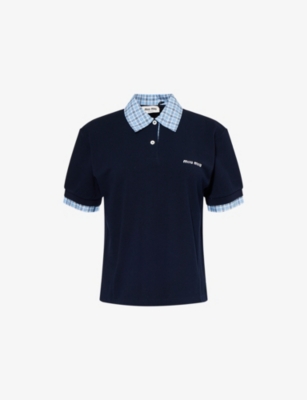 MIU MIU: Check-Trim Logo-Embroidered Cotton-Piqué Polo Shirt