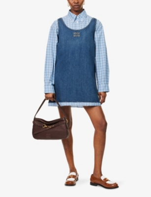 Check-Trim Logo-Embroidered Denim Mini Dress