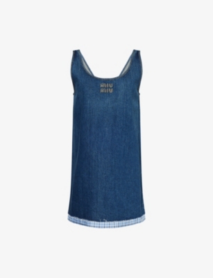 Check-Trim Logo-Embroidered Denim Mini Dress