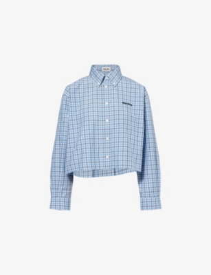 MIU MIU WOMENS CELESTE+BLU CHECKED LONG-SLEEVE COTTON SHIRT