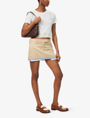 MIU MIU: Lace-Trim Logo-Patch Cotton T-Shirt