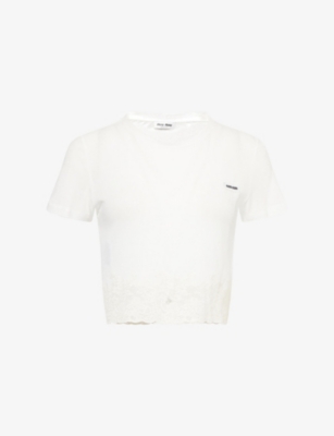 MIU MIU: Lace-Trim Logo-Patch Cotton T-Shirt