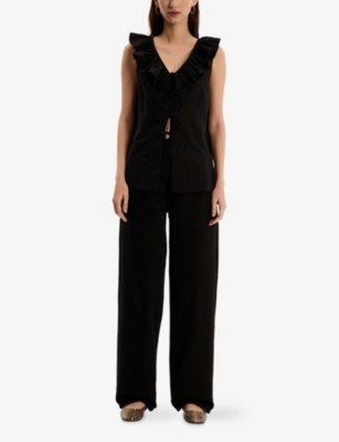 Omnes Womens Rachael Sleeveless Frill-trim Cotton Top Black In Black