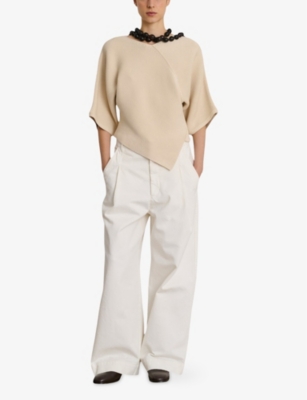 Soeur Ribbed Texture Asymmetric Hem T-shirts With Side Slit In Ecru