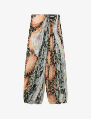 LOEWE: Draped Floral-Print Mid-rise Silk Crepe-De-Chine Trousers
