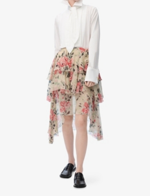 LOEWE: Floral-Print Ruffled Tiered Silk Mini Skirt
