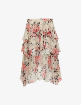 LOEWE: Floral-Print Ruffled Tiered Silk Mini Skirt