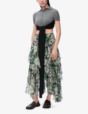 LOEWE: Floral-Print Ruffle Silk Midi Skirt