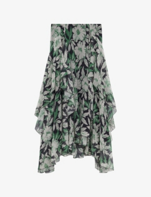 LOEWE: Floral-Print Ruffle Silk Midi Skirt