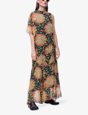 LOEWE: Floral-Print Draped-Sleeve Silk Maxi Dress