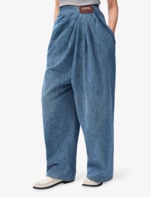 Loewe Womens Draped Logo-patch Barrel-leg Denim Jeans Indigo Blue In Indigo Blue