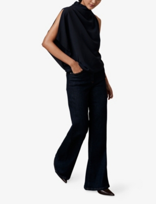 Reiss Womens Navy Elle One-shoulder Draped Woven Top In Blue