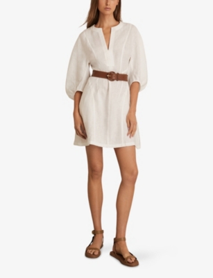 Reiss Womens Ivory Romi Notched-neck Balloon-sleeve Linen Mini Dress