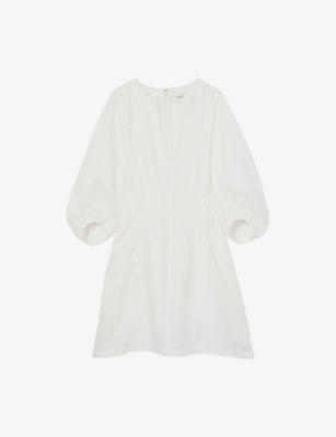 Reiss Womens Ivory Romi Notched-neck Balloon-sleeve Linen Mini Dress