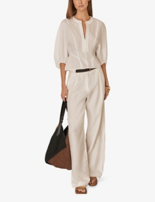 Reiss Remi Cropped Blouson-sleeve Linen Blouse