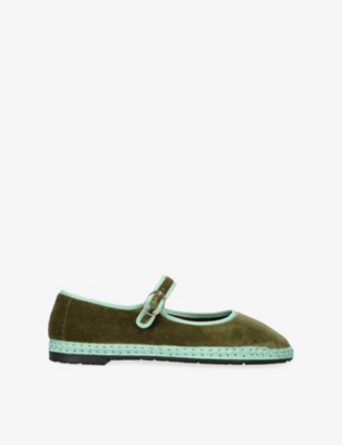 Flabelus Velvet Vera Mary Janes In Green