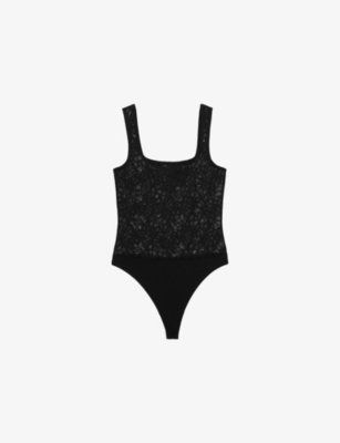 Reiss Womens Black Tia Floral-print Lace Stretch-woven Bodysuit In Black