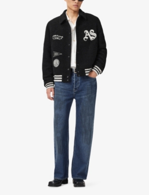 Allsaints Mens Black Baum Logo-embroidered Wool-blend Bomber Jacket In Black