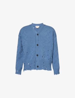 MARNI: Distressed V-Neck Knitted Cotton Cardigan