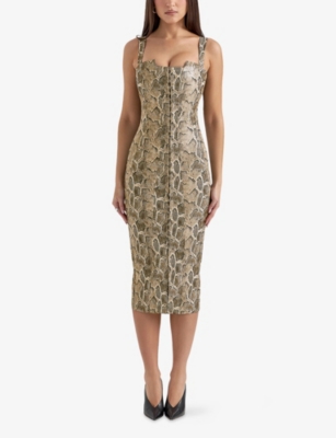 HOUSE OF CB: Gracie Snakeskin-Print Faux-Leather Midi Dress