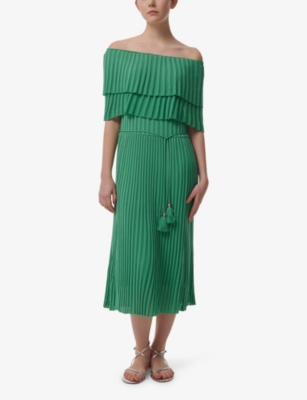 LEEM WOMENS GREEN OFF-SHOULDER PLEAT WOVEN MIDI DRESS 