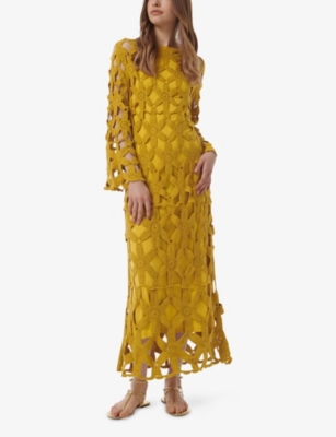 LEEM WOMENS YELLOW FLORAL CROCHET KNIT MAXI DRESS 