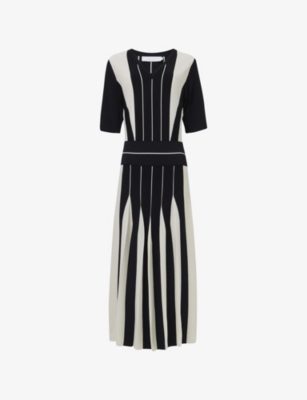LEEM: Monochrome Pleated Short-Sleeve Knitted Midi Dress