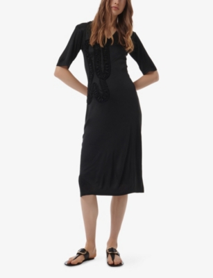 LEEM WOMENS LEEM RUFFLE APPLIQUE WOVEN MIDI DRESS 