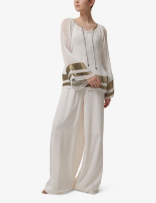 Leem Womens White Pleated Contrast Stripe Woven Top Xl