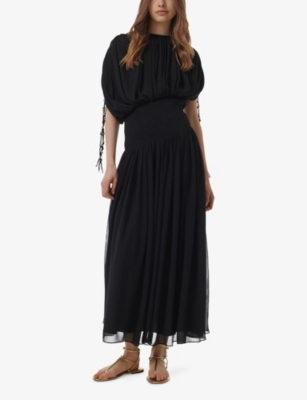 LEEM WOMENS ASYMMETRIC SMOCKED-WAIST WOVEN MIDI DRESS BLACK 