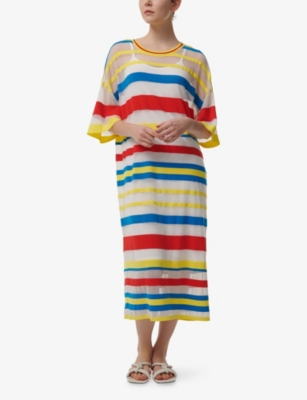 LEEM WOMENS MULTI-COLOURED STRIPED ROUND-NECK MESH KAFTAN 