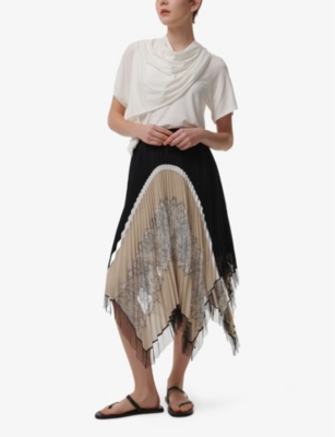 LEEM WOMENS BLACK LACE-DETAIL PLEATED WOVEN MIDI SKIRT 