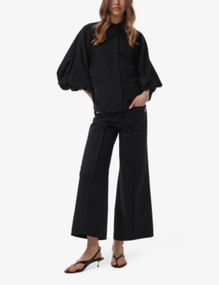 LEEM WOMENS BLACK PUFF-SLEEVE SHIRT-COLLAR WOVEN BLOUSE 