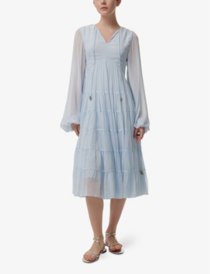 LEEM WOMENS BLUE MARKED WAIST TIERED WOVEN MIDI DRESS 