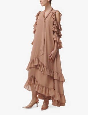 LEEM: Cut-Out Shoulder Ruffle Woven Maxi Dress