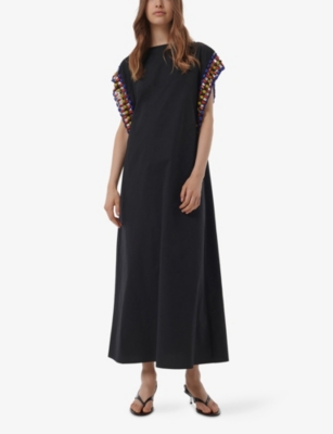 LEEM WOMENS BLACK BEADED SLEEVE DETAIL COTTON KAFTAN 