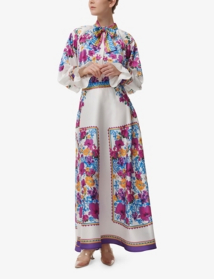 LEEM: Floral-Print Flared Woven Maxi Skirt