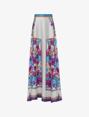 LEEM: Floral-Print Flared Woven Maxi Skirt