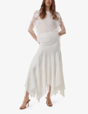LEEM WOMENS WHITE FLORAL EMBELLISHED MESH TOP 