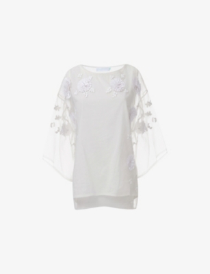 LEEM WOMENS WHITE FLORAL EMBELLISHED MESH TOP 