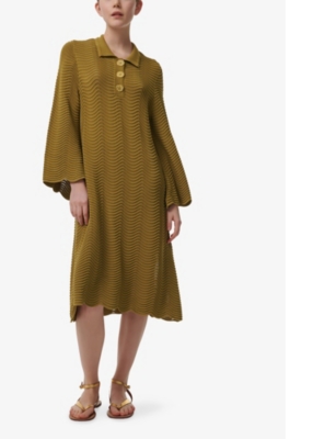 LEEM: Scalloped-Trim Button-Neck Knitted Kaftan