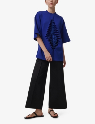 LEEM WOMENS BLUE LASER-CUT SHORT-SLEEVE STRETCH-WOVEN TOP 