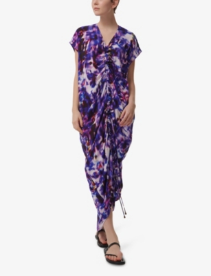 LEEM: Ruched-Front Printed Woven Kaftan