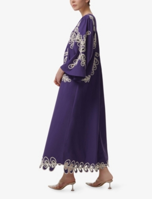 Leem Womens Purple V-neck Embroidered Cotton Kaftan