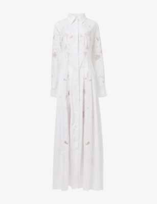 Embroidered Long-Sleeve Cotton-Blend Maxi Dress