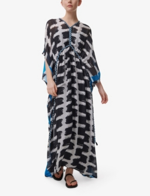 LEEM: Abstract-Print Braided-Trim Model Maxi Kaftan