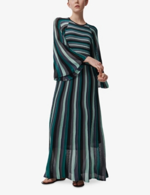 LEEM WOMENS GREEN STRIPE-PRINT A-LINE KNITTED MAXI DRESS 