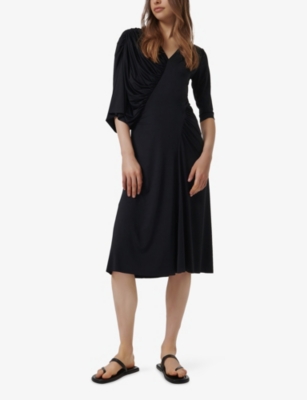 LEEM WOMENS BLACK ASYMMETRIC GATHERED PANEL WOVEN MIDI DRESS 